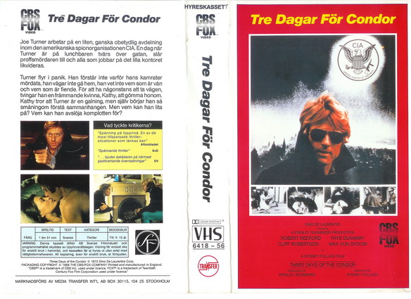 TRE DAGAR FÖR CONDOR (vhs-omslag)